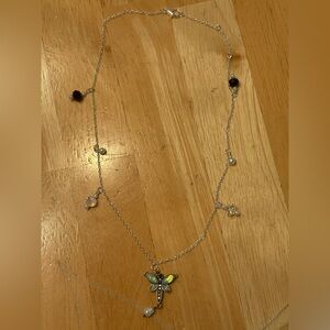 Silver Butterfly Pendant Necklace with Mixed Beads - White and Black